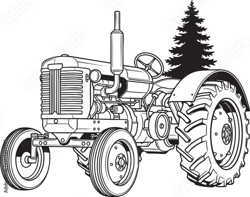 Classic vintage farm tractor detailed line art illustration black and white drawing.