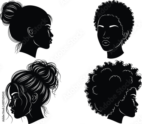 African American Women Silhouettes With Natural Afro And Elegant Messy Bun Hairstyles Vector Set For Beauty Salon