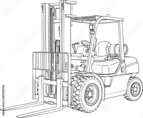 Detailed black and white line drawing of an industrial forklift truck with rugged tires.