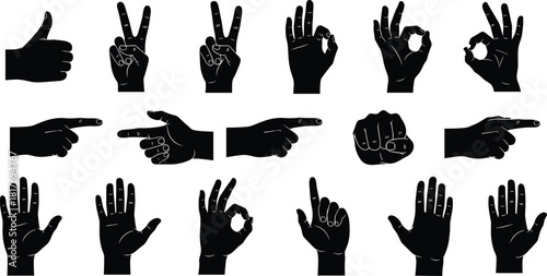 Collection of black hand silhouette gestures set isolated on white including thumbs up pointing fist and okay signs vector