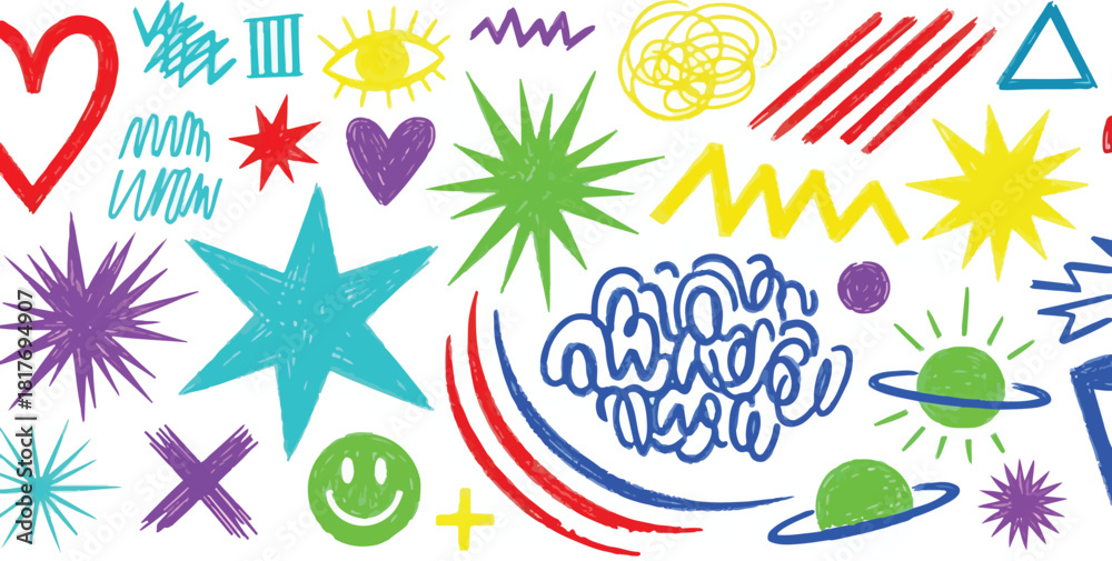 Obraz premium Colorful Hand Drawn Doodle Elements Set. Abstract Whimsical Graphic Resource for Design.