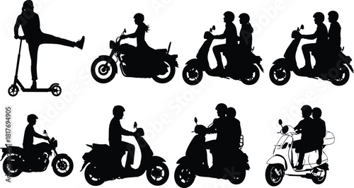 Collection of black silhouettes featuring people riding motorcycles scooters and kick scooters isolated on white background vector illustration.