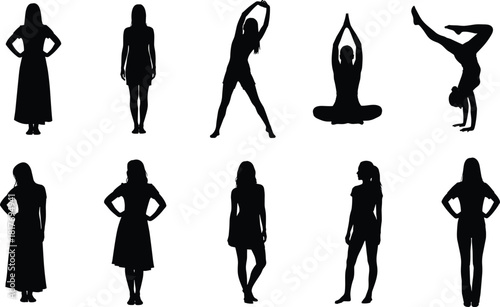 Collection of black woman silhouettes standing in dresses and doing yoga fitness exercises isolated on white background vector.