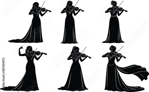 Collection of Elegant Female Violinist Silhouettes Playing Classical Music in Long Evening Gowns Vector Illustration