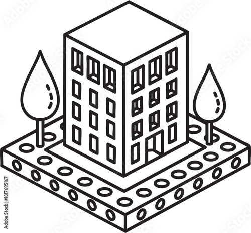 Isometric line art of a multistory building on a studded block base with two stylized trees.