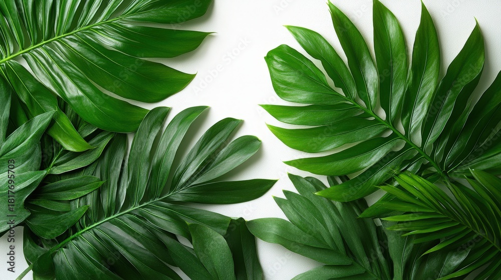 Obraz premium Symmetrical arrangement of lush green palm leaves against a white background. Perfect for nature, tranquility, or design concepts.