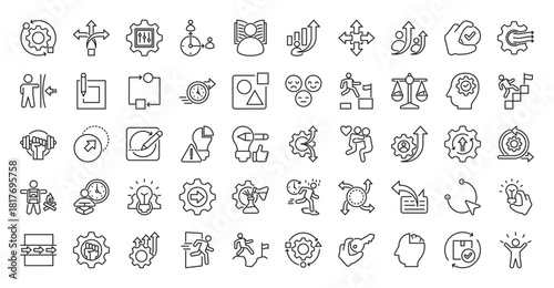 Adaptability icon set collection in outline style. icon pack contains change, flexibility, adjust, shift, learn, grow, move, evolve, accept, flow