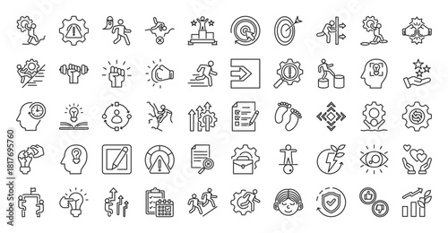 Challenge icon set collection in outline style. icon pack contains hard, risk, fear, fail, win, try, goal, push, struggle, fight