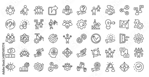 Collaboration icon set collection in outline style. icon pack contains team, work, together, share, trust, help, support, respect, connect, communicate
