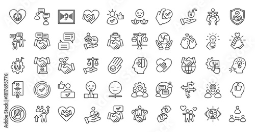 Conflict resolution icon set collection in outline style. icon pack contains peace, talk, listen, respect, understand, calm, agree, solve, mediate, trust