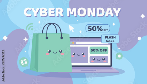 Cute illustration of a shopping bag and laptop with "Cyber Monday" and "50% OFF" sale promotions, representing online shopping deals.