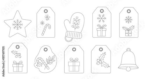 Charming hand-drawn Christmas gift tags set for your holiday crafts, printable templates featuring snowflakes, mittens, candy canes, holly, and bells