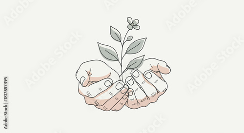 Illustration of cupped hands gently holding a young plant symbolizing growth and care