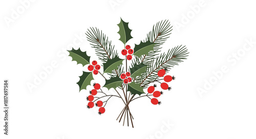 Create a festive holiday mood with this charming sprig of holly, pine, and bright red berries perfect for your seasonal projects and crafts