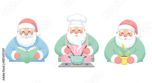 Whimsical Santa Claus doing everyday activities like reading, cooking, and gardening in a delightful holiday scene of Christmas spirit and joy