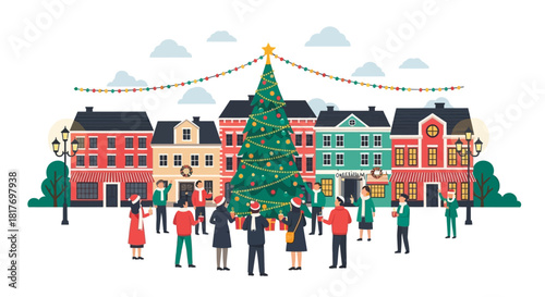 Festive Christmas cheer in a charming town square with people celebrating around a brightly decorated tree in a joyful winter scene