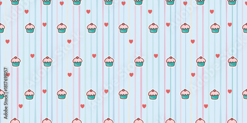 Seamless heart and star pattern with red and white striped decorative design