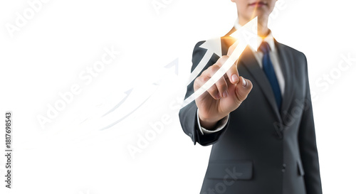 A person pointing at an upward arrow, symbolizing growth and progress. The person is dressed in a business suit. The arrow symbolizes growth, progress, and success, isolated on transparent background