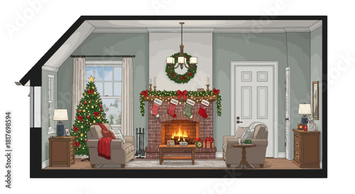 Cozy Christmas living room with decorated tree, stockings, and warm fireplace, a place for festive family moments and holiday cheer, evoking comfort and joy