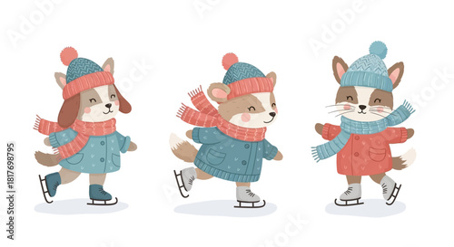 Adorable cartoon animals ice skating together in winter outfits, perfect for children's books and holiday cards, spreading joy and winter cheer