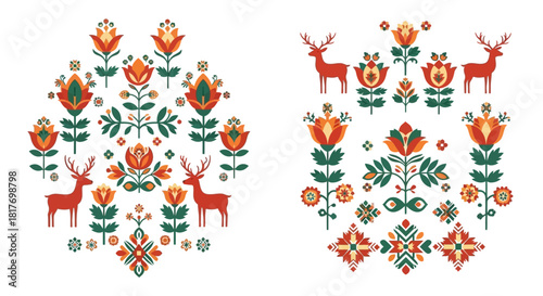 Festive folk art patterns with deer and flowers for holiday designs, adding warmth and charm to your Christmas season projects and crafts beautifully