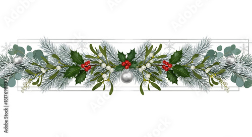 Celebrate the holiday season with this winter greenery garland featuring pine, holly, mistletoe and silver accents, perfect for festive designs and cards