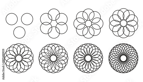  1, 2, 3, 4 overlapping circles venn diagram vector icons in line style design for website, . Editable stroke. Vector illustration