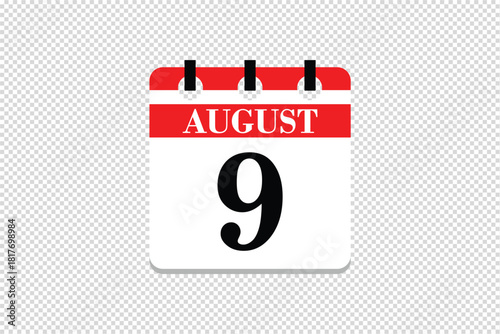 9 August Calendar icon vector, 9 dates of August month calendar icon, dates of August 9 icon calendar, vector calendar icon.