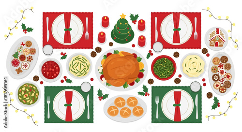 Festive Christmas dinner table setting with turkey, gingerbread house, cookies, and tree ready for holiday celebrations and family gatherings