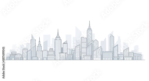 Modern city skyline illustration with clean lines for urban planning and architecture projects, perfect for website headers and minimalist design concepts