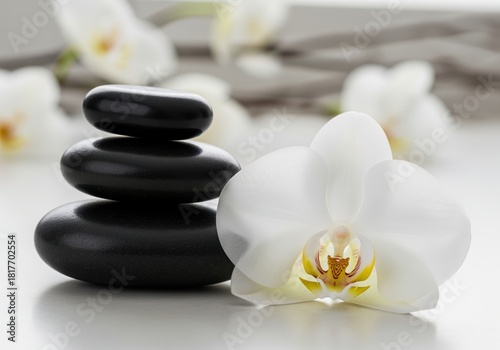 Serene stack of smooth black spa stones and a delicate white orchid bloom