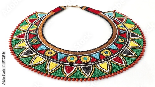 Vibrant african beaded collar necklace with geometric patterns and colorful embellishments