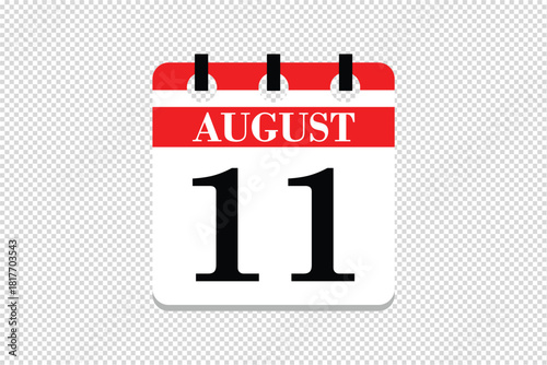 11 August Calendar icon vector, 11 dates of August month calendar icon, dates of August 11 icon calendar, vector calendar icon.