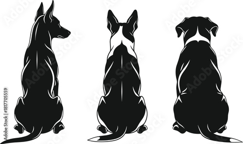Black and White Silhouette Vector Illustration of Three Dogs Sitting in Different Poses, Showing Side Profile and Rear Views of Various Breeds, Ideal for Pet-Themed Design Content