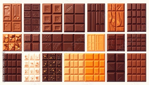 Array of assorted chocolate bars with diverse textures and varying shades of brown, neatly arranged in rows and columns