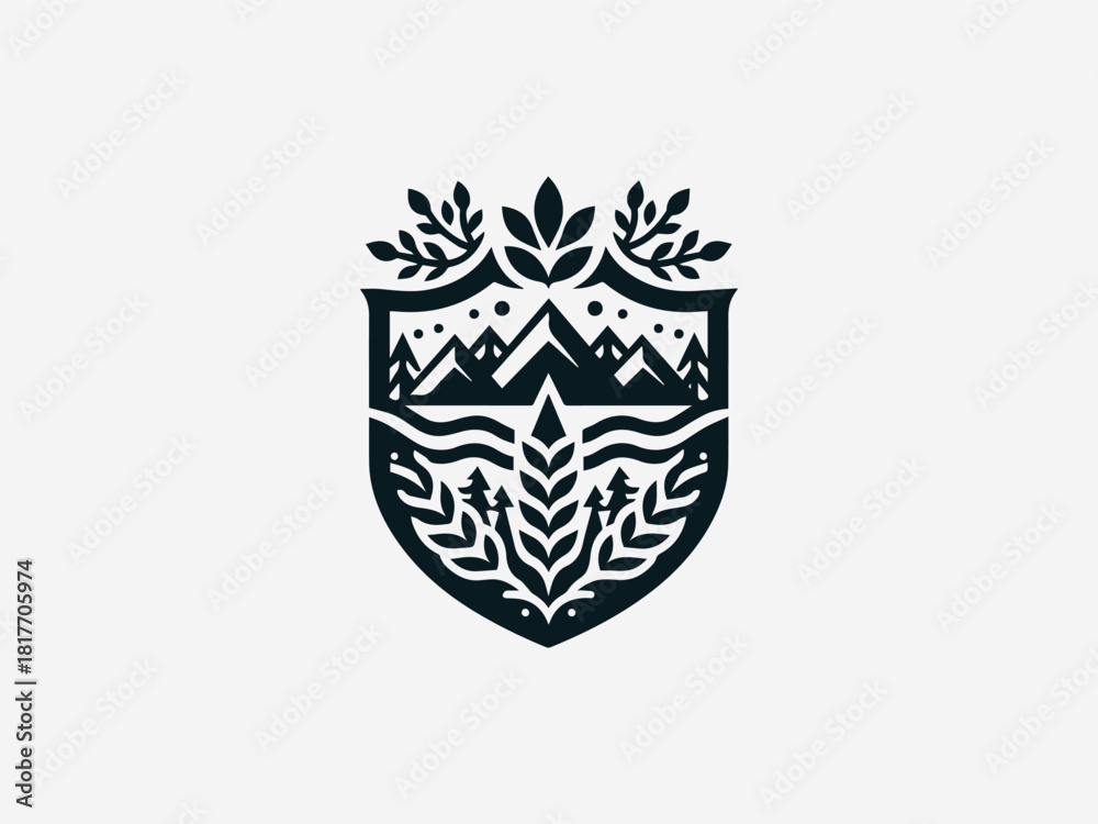 Obraz premium Organic nature crest black vector logo with mountain tree and river elements for outdoor brand identity