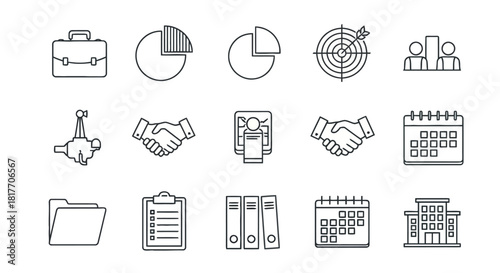 Comprehensive collection of essential business and office management line icons for corporate success and financial planning, data analysis, and professional collaboration