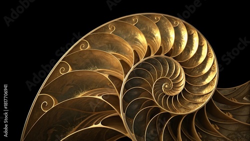 Intricate golden nautilus shell cross section revealing fibonacci spiral patterns and natural geometry