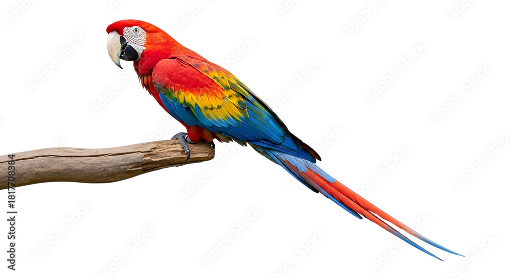 Fototapeta premium Scarlet Macaw Parrot, with Vibrant Plumage perched on a Wooden Branch, cutout, PNG isolated on white or transparent background