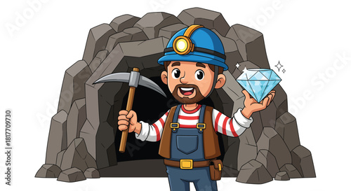 Happy cartoon miner character holding a pickaxe and a large diamond.