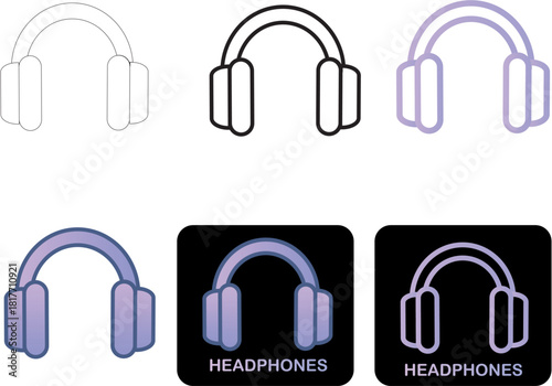 Minimalist vector headphone icons set in various styles, featuring outline, filled, and gradient designs suitable for audio, music, and multimedia applications