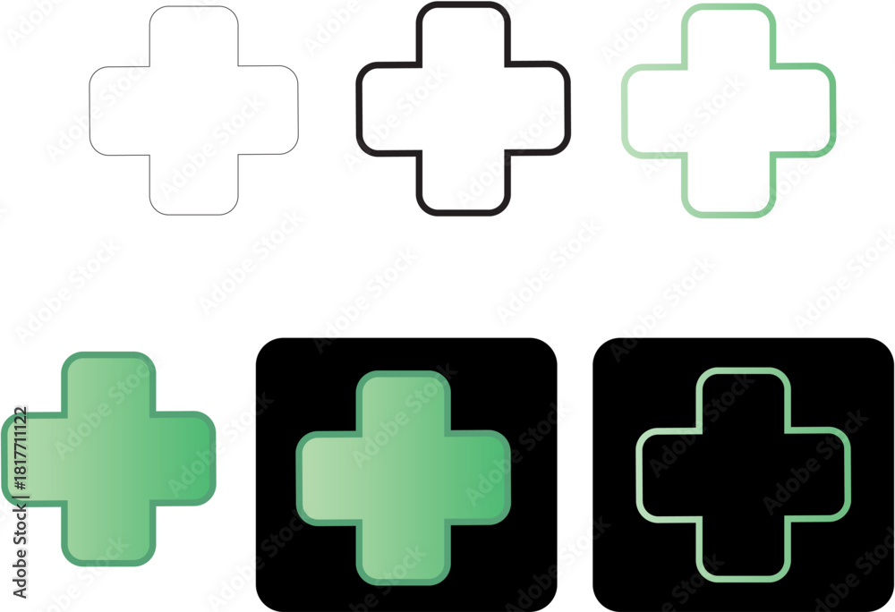 Obraz premium set of minimalist green and white plus cross icons, perfect for health, wellness, medical, or first aid digital applications and clean design projects