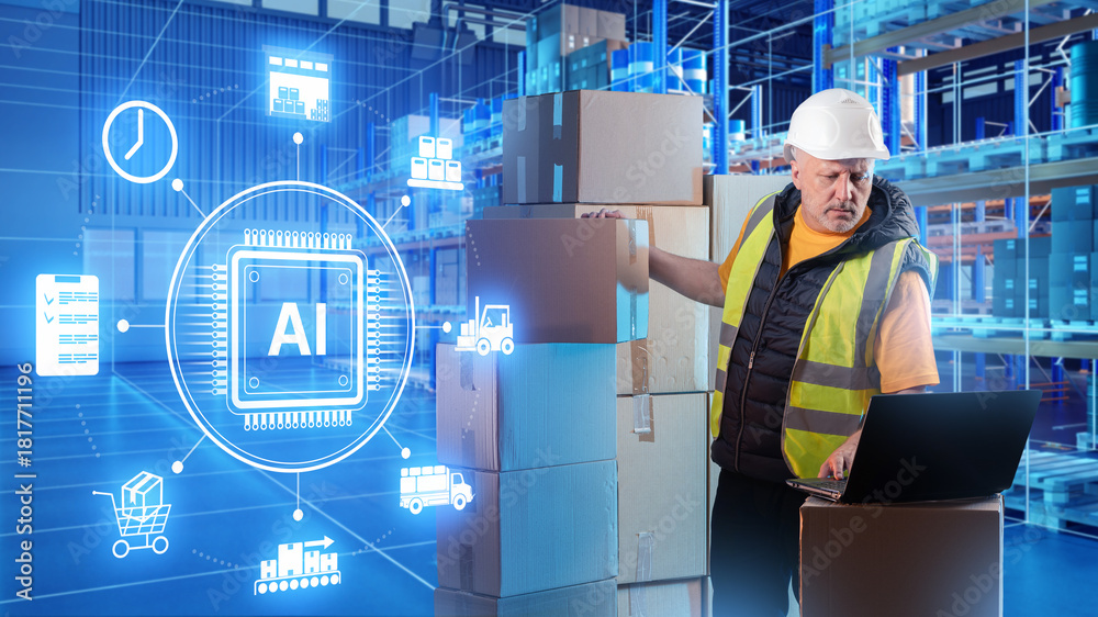 Obraz premium AI-driven warehouse logistics worker manages boxed inventory with a laptop, coordinating smart supply-chain processes and improving storage and distribution efficiency.