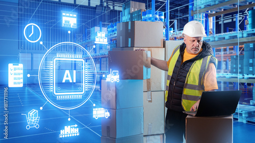 AI-driven warehouse logistics worker manages boxed inventory with a laptop, coordinating smart supply-chain processes and improving storage and distribution efficiency.