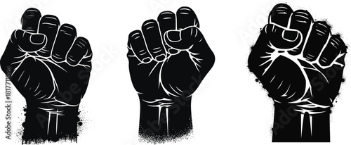 Three black fists raised in solidarity and protest against injustice and oppression