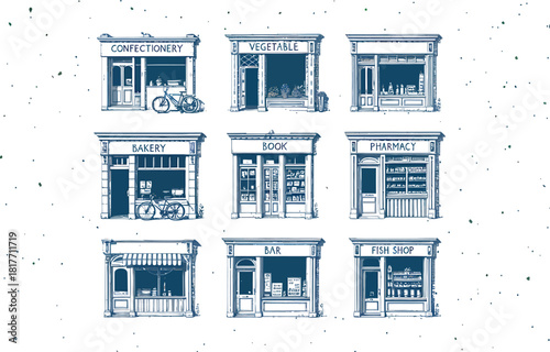 Collection of nine charming hand drawn storefronts in a grid arrangement with a vintage feel