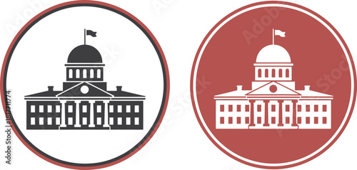 Two silhouette icons of a classical government building with a dome and flag