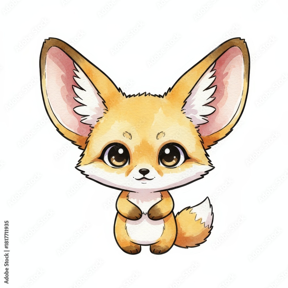 Fototapeta premium Cute watercolor fennec fox illustration. Little cartoon desert animal with big ears