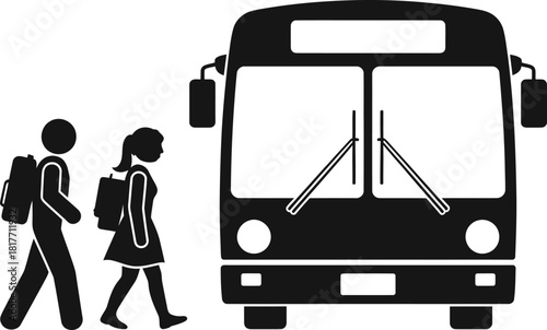 Two stylized figures with backpacks walking towards a school bus on a white background