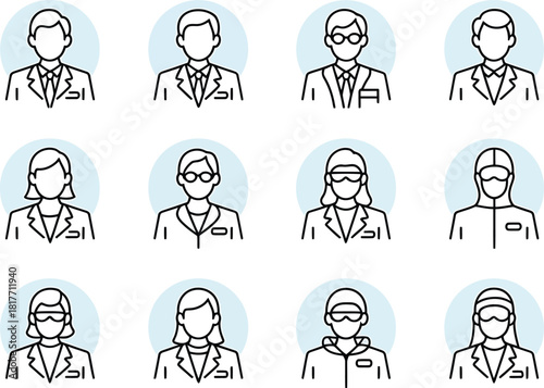 Diverse group of professional people icons representing various occupations and roles